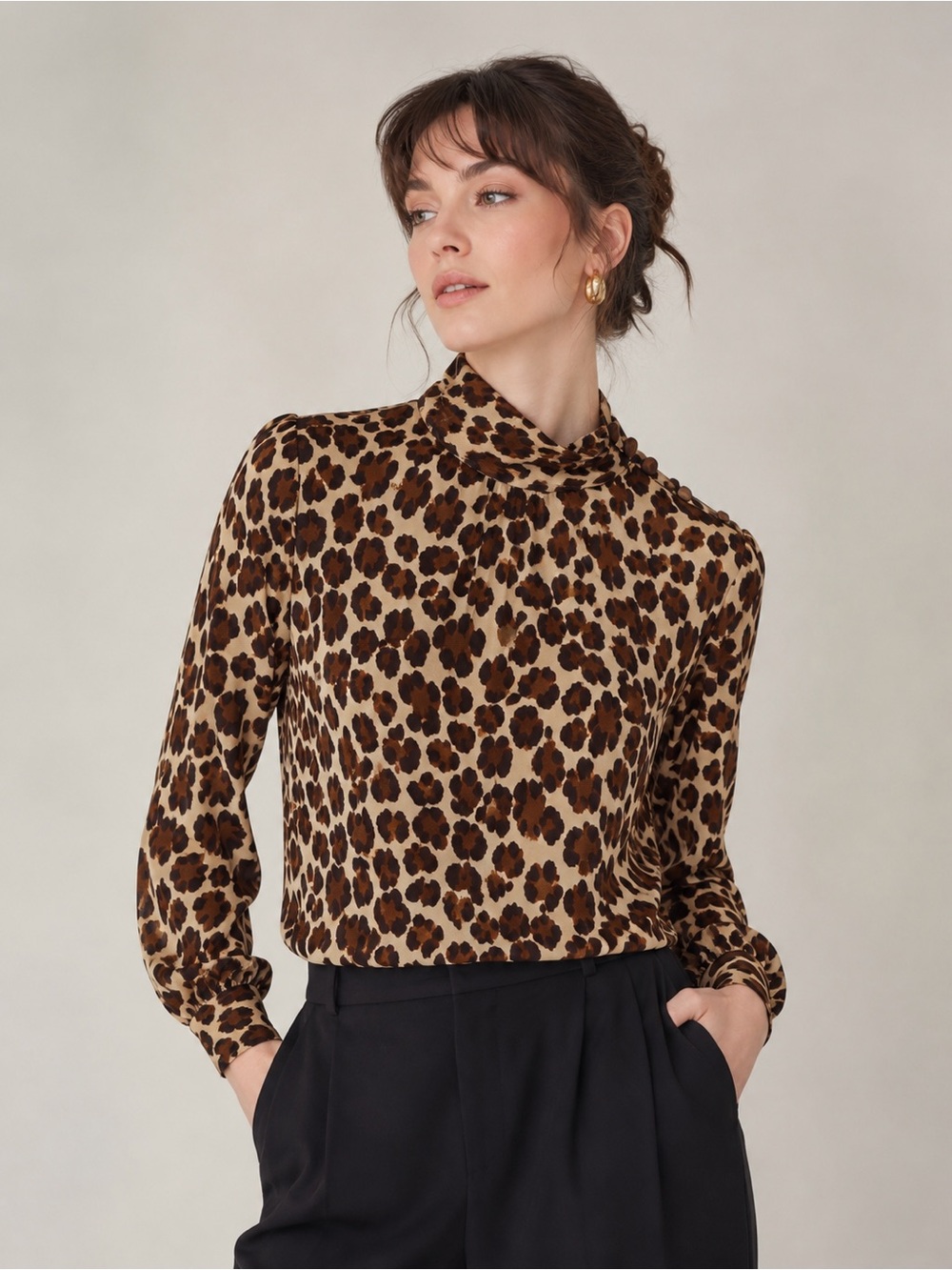 Gloria Sachs Leopard Print Mock Neck Blouse Vintage Union Made USA ILGWU Size 10